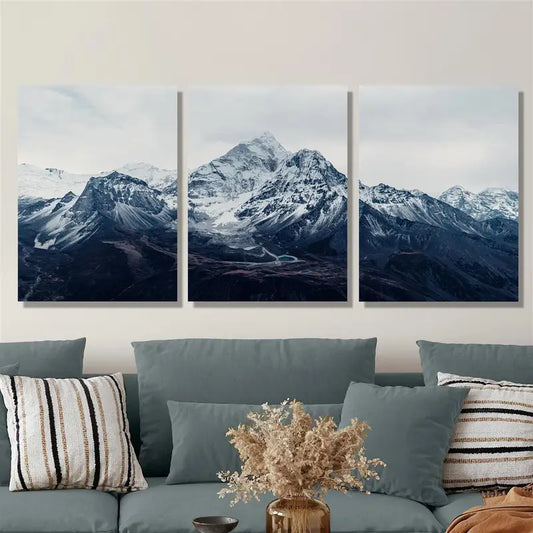 3pcs Mountains, lakes, snow, natural Dark Metal Print Ready to Hang Art
