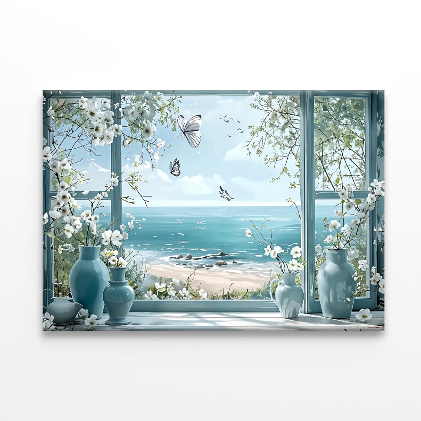 Coastal Sea Through Flower Vases Window Print 100% Australian Made 60x40cm Stretched Canvas Ready to Hang