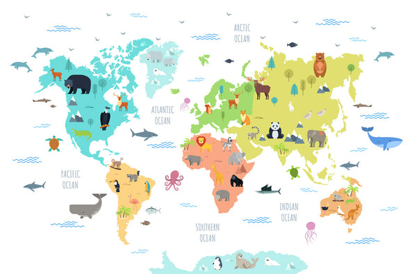 World Map With Wild Animals Print 100% Australian Made Stretched Canvas Ready to Hang - MP-110