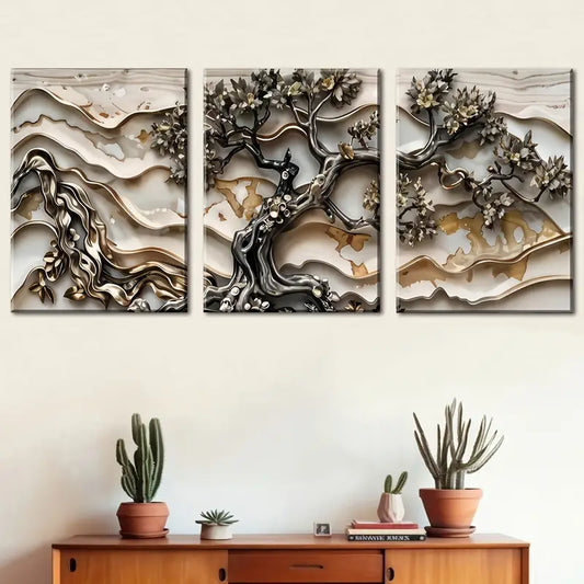 3pcs Golden Black Tree Design Luxury Metal Print Ready to Hang Art