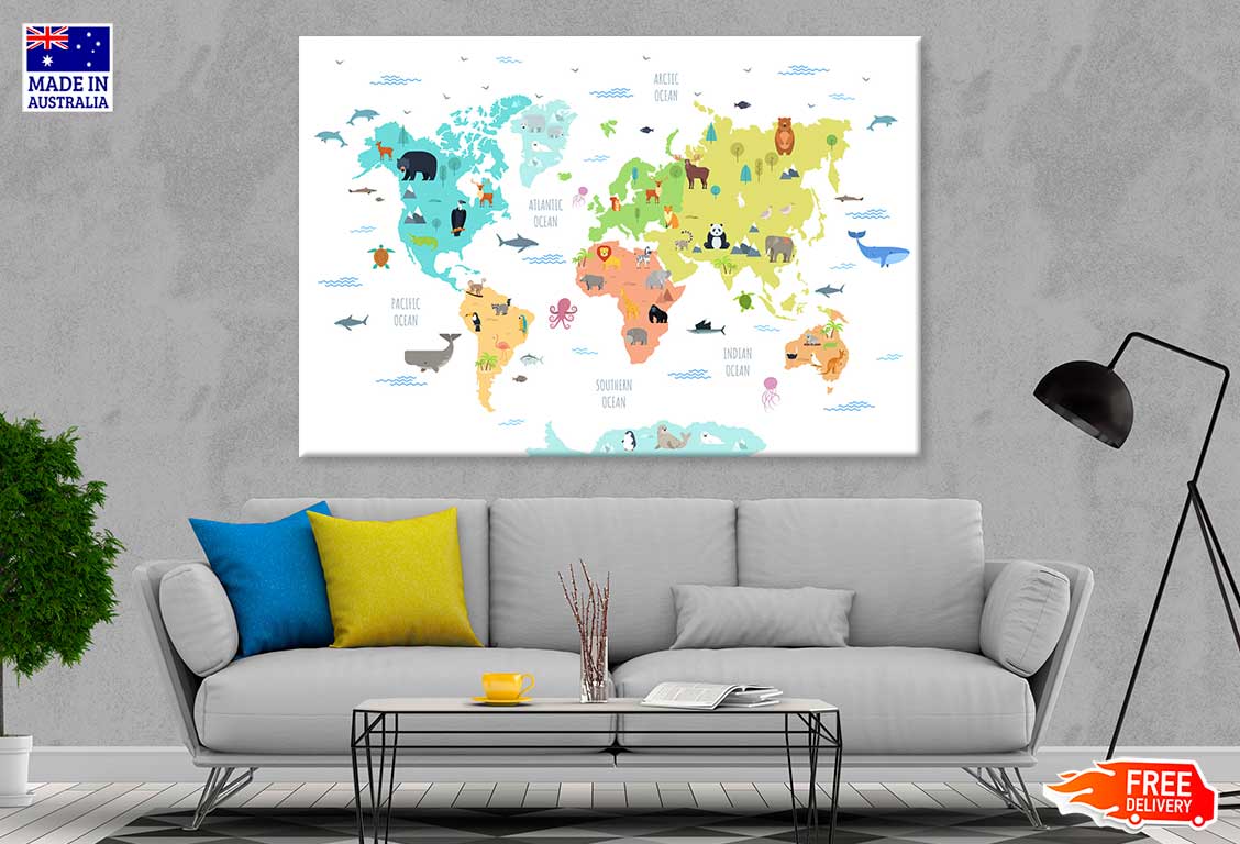 World Map With Wild Animals Print 100% Australian Made Stretched Canvas Ready to Hang - MP-110