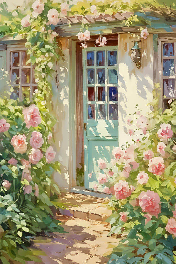 House With a Blue Door and Flowers Print 100% Australian Made 40x60cm Stretched Canvas Ready to Hang