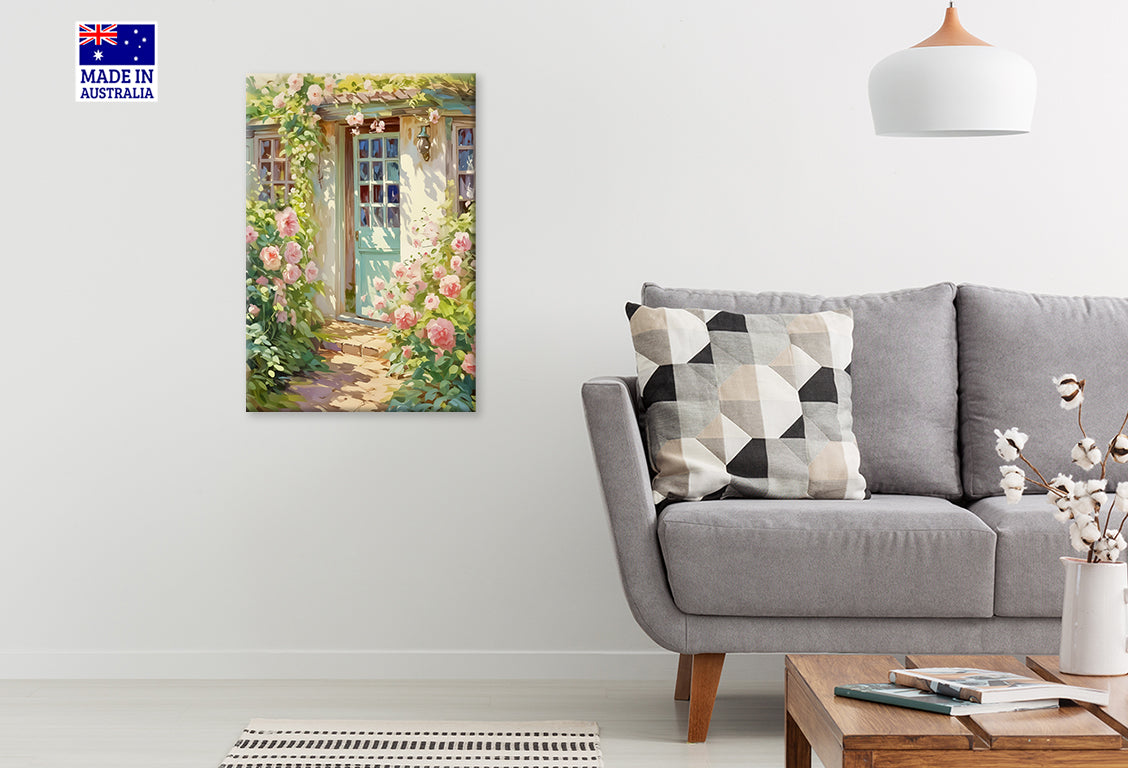 House With a Blue Door and Flowers Print 100% Australian Made 40x60cm Stretched Canvas Ready to Hang