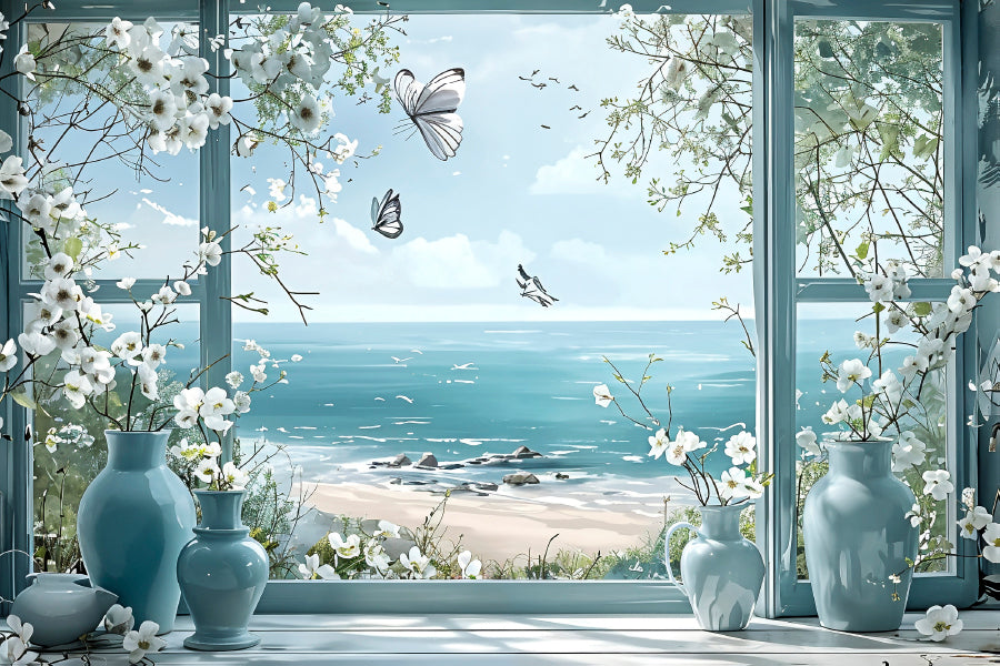 Coastal Sea Through Flower Vases Window Print 100% Australian Made 60x40cm Stretched Canvas Ready to Hang