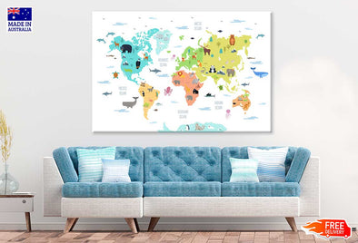 World Map With Wild Animals Print 100% Australian Made Stretched Canvas Ready to Hang - MP-110