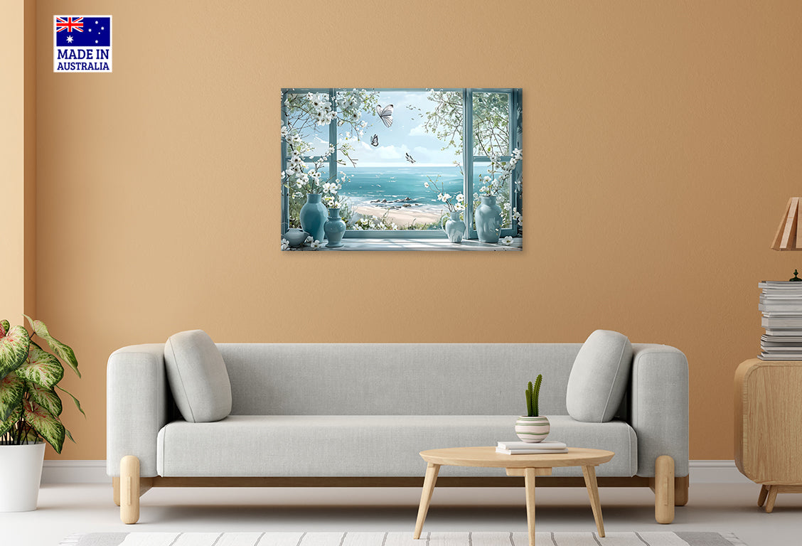 Coastal Sea Through Flower Vases Window Print 100% Australian Made 60x40cm Stretched Canvas Ready to Hang