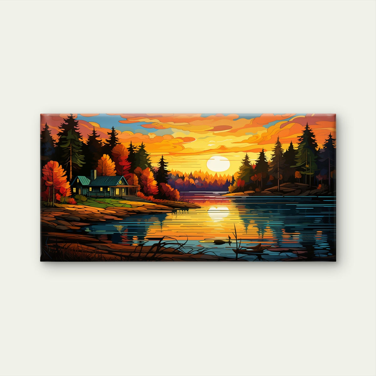 Sunset Lake Cabin Scenic Woodland Horizon Wall Art Canvas Office Home Framed 80x45cm