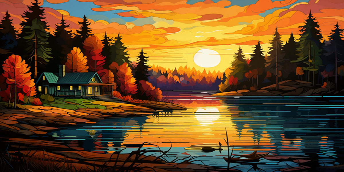 Sunset Lake Cabin Scenic Woodland Horizon Wall Art Canvas Office Home Framed 80x45cm