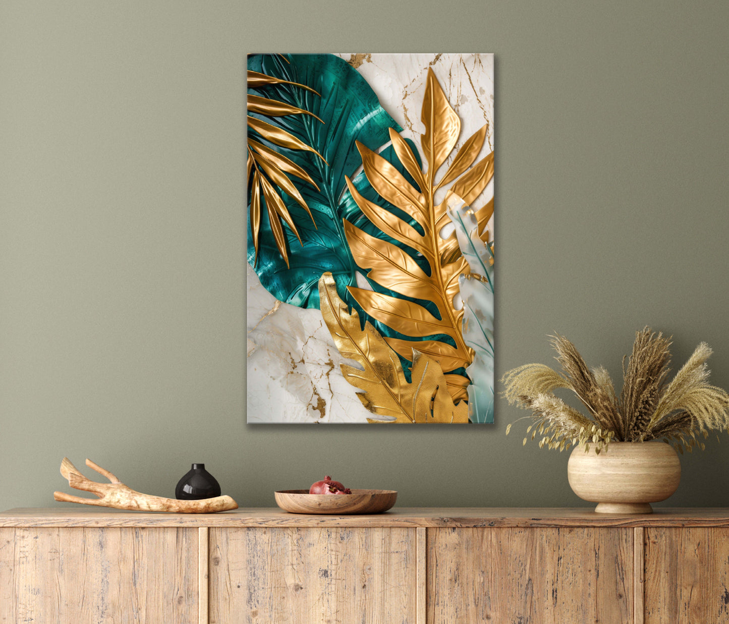 Art Of Golden Leaves And Green Print 100% Australian Made 40x60cm Stretched Canvas Ready to Hang