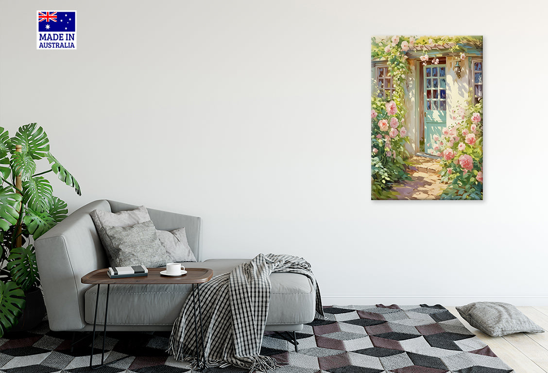 House With a Blue Door and Flowers Print 100% Australian Made 40x60cm Stretched Canvas Ready to Hang