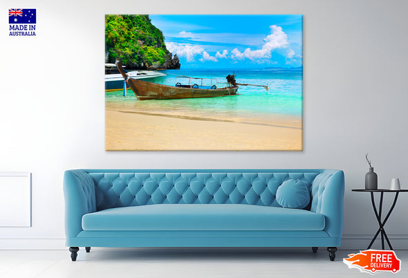 Island View Of A Boat With The Sea Print 100% Australian Made Stretched Canvas Ready to Hang - BC-110