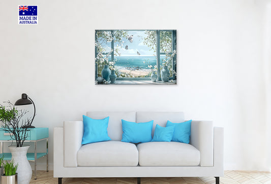 Coastal Sea Through Flower Vases Window Print 100% Australian Made 60x40cm Stretched Canvas Ready to Hang