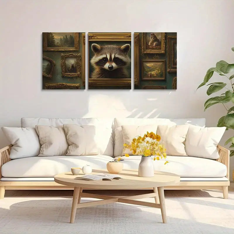 3pcs Adorable Raccoon Golden Accents Classic Design Metal Print Ready to Hang Art