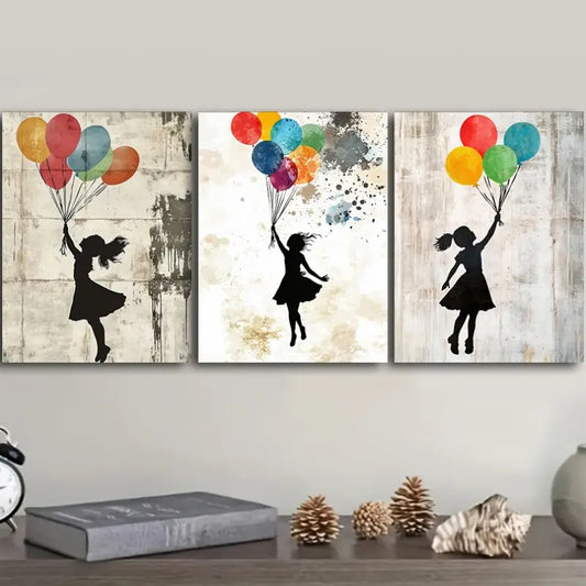 3pcs Featuring a Girl with Balloons Metal Print Ready to Hang Art