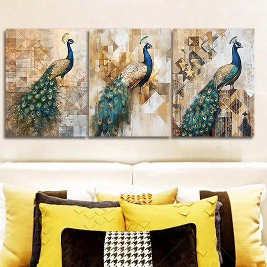 3pcs Featuring a Peacock Displaying Its Feathers Metal Print Ready to Hang Art