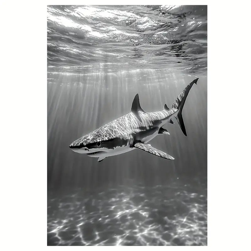 Shark Under Sea Black & White Print 100% Australian Made 40x60cm Stretched Canvas Ready to Hang