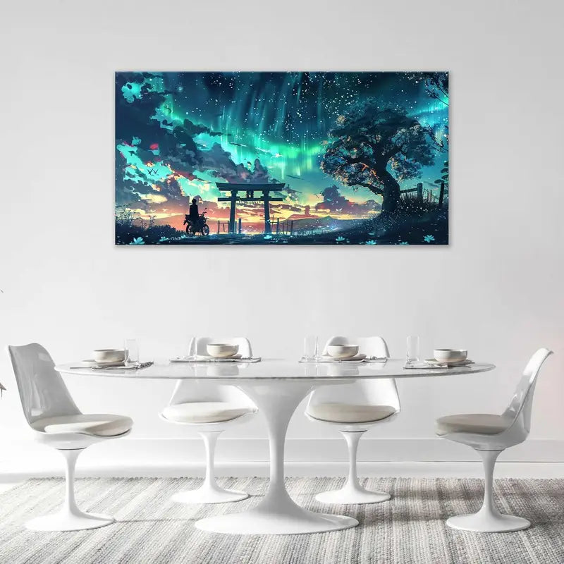Abstract Teal Trees & Red Torii Gates Wall Art canvas office home room framed 120x60cm