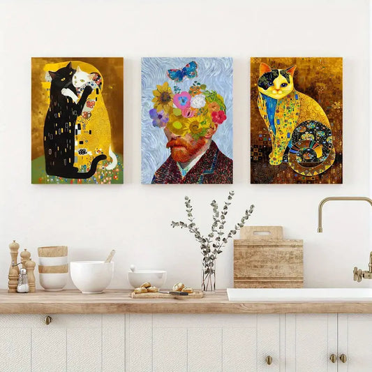 3pcs  Vintage Animal Print, Funny Cat Hugging, Abstract Metal Print Ready to Hang Art