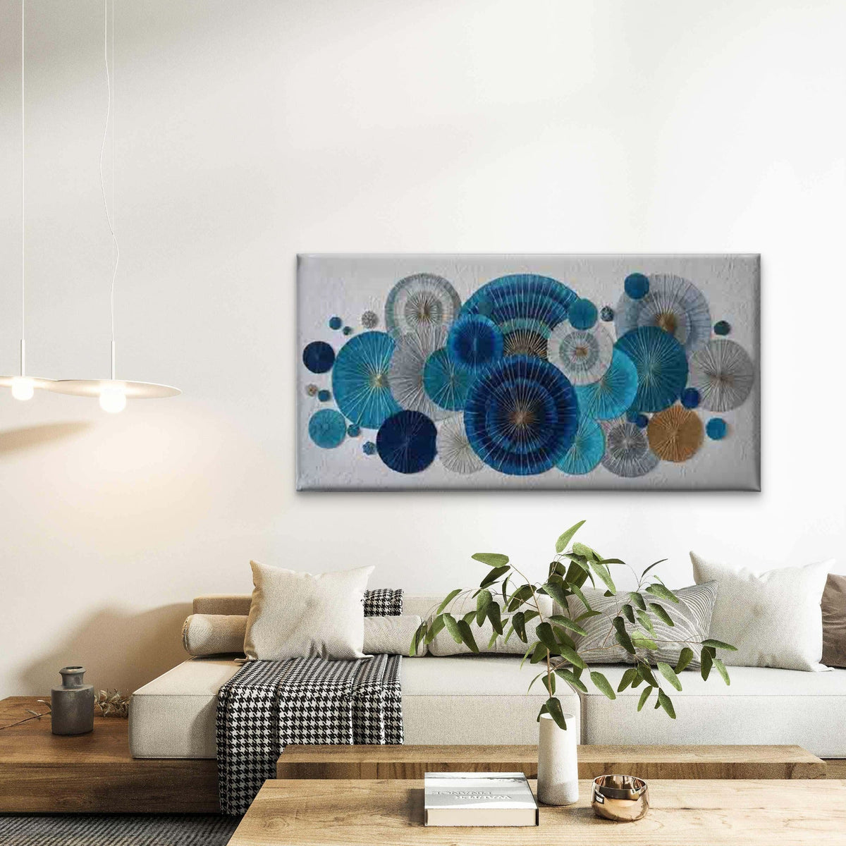 Blue and White Chinese Fan Wall Art Canvas Office Home Room Framed 80x45cm