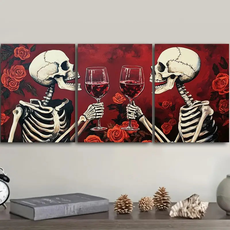 3pcs Skeleton Wine Glasses Metal Print Ready to Hang Art