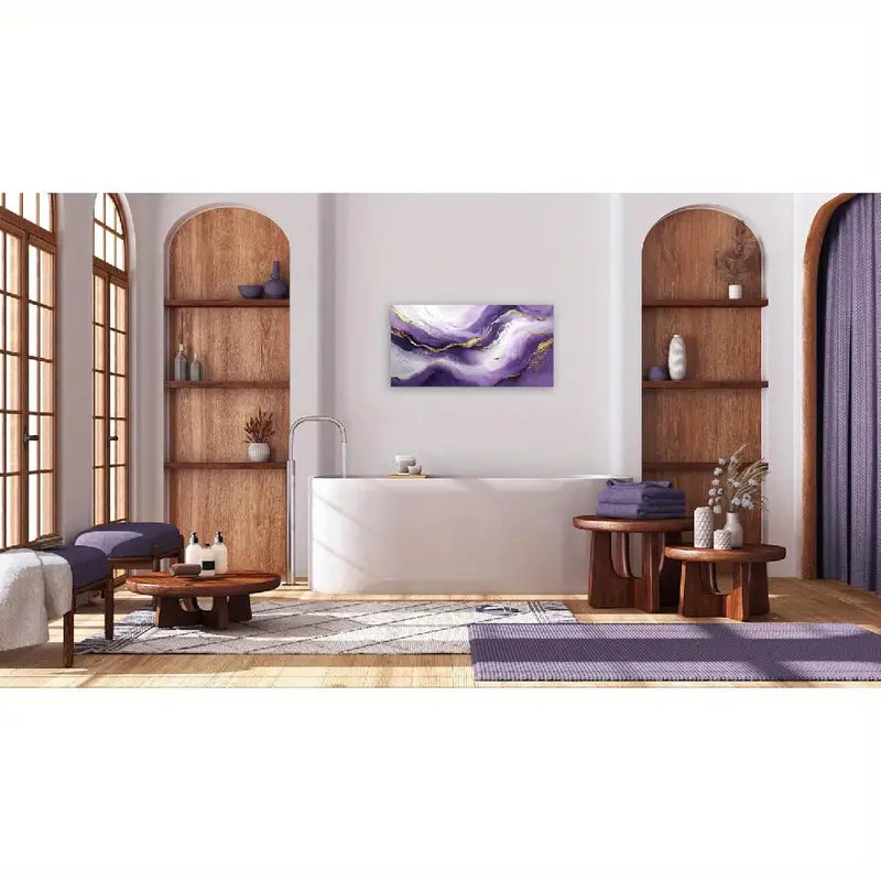 Purple & Golden Waves Abstract Wall Art canvas office home room framed 120x60cm
