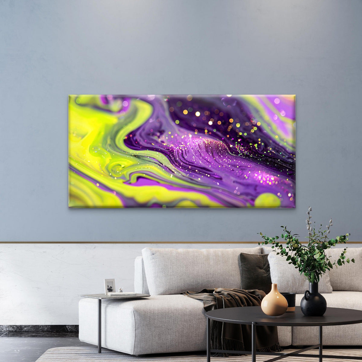 Neon Yellow Purple Hues Wall Art Canvas Office Home Room Framed 80x45cm