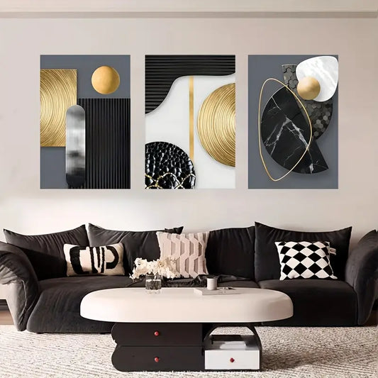 3pcs Black Gold and White Abstract Shapes Metal Print Ready to Hang Art
