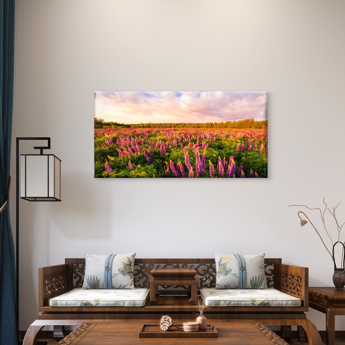 Iceland Lupine Field Sunset Wall Art Canvas Office Home Room Framed 80x45cm