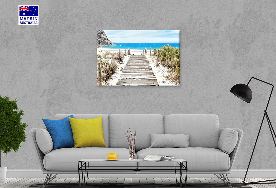 Wooden Pier Leading to the Sandy Beach Print 100% Australian Made 60x40cm Stretched Canvas Ready to Hang