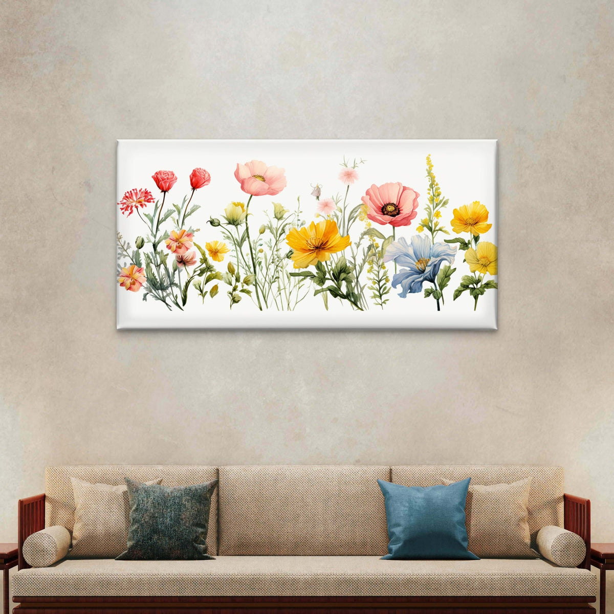 Watercolor Wildflowers Floral Wall Art Canvas Office Home Room Framed 120x60cm