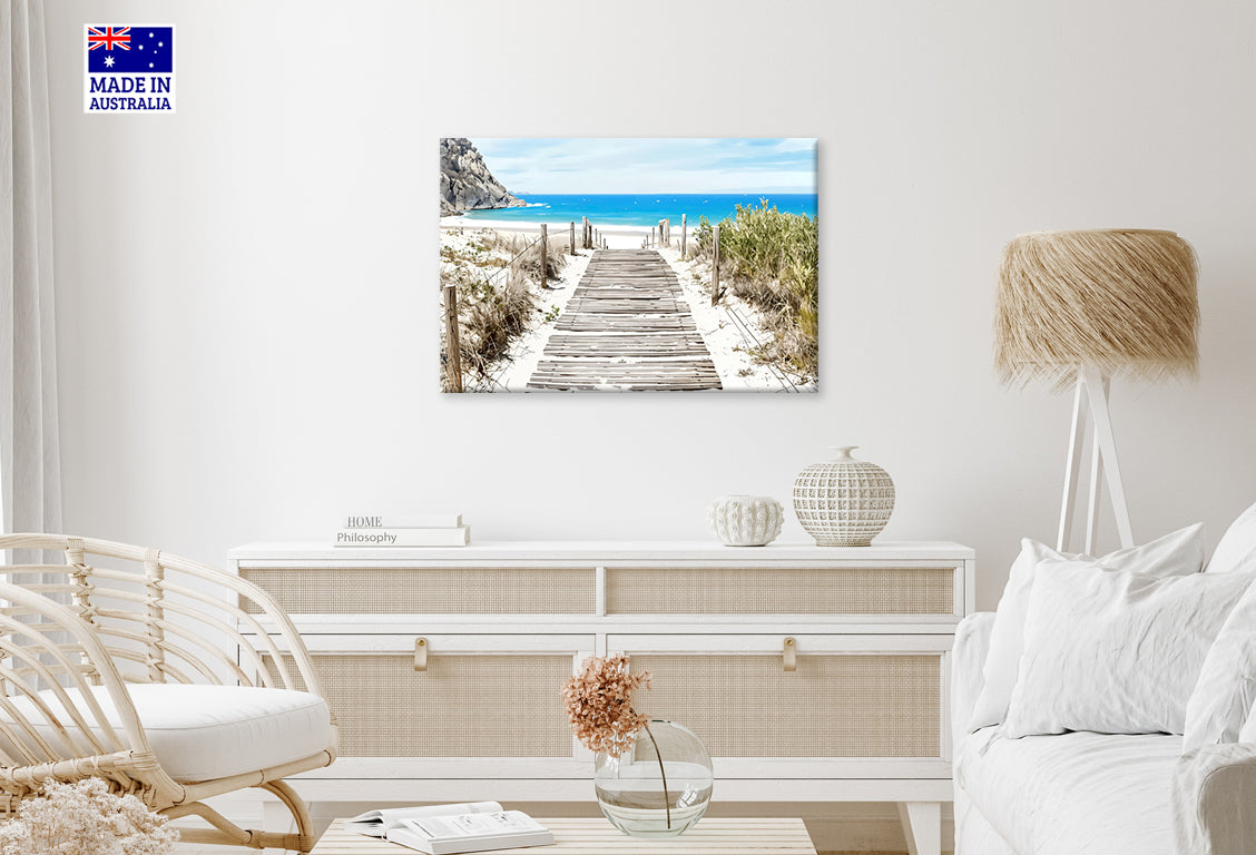 Wooden Pier Leading to the Sandy Beach Print 100% Australian Made 60x40cm Stretched Canvas Ready to Hang