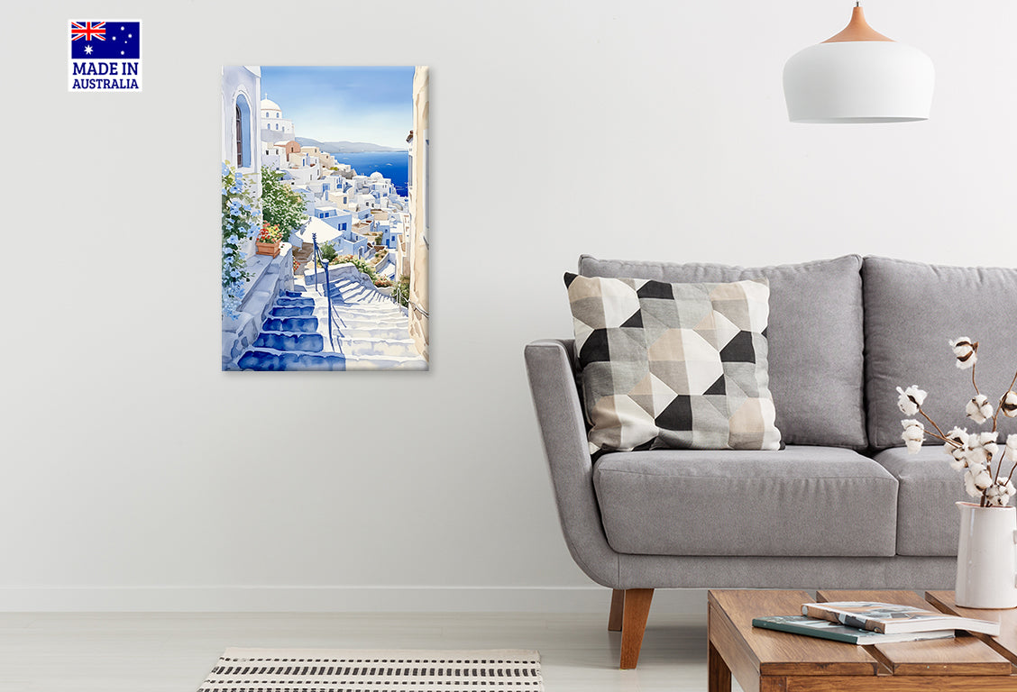 Whitewashed Buildings Ocean Scenery Print 100% Australian Made 40x60cm Stretched Canvas Ready to Hang