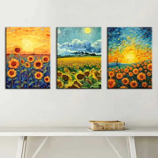 3pcs Van Gogh - Sunflower Field Elegant Metal Print Ready to Hang Art