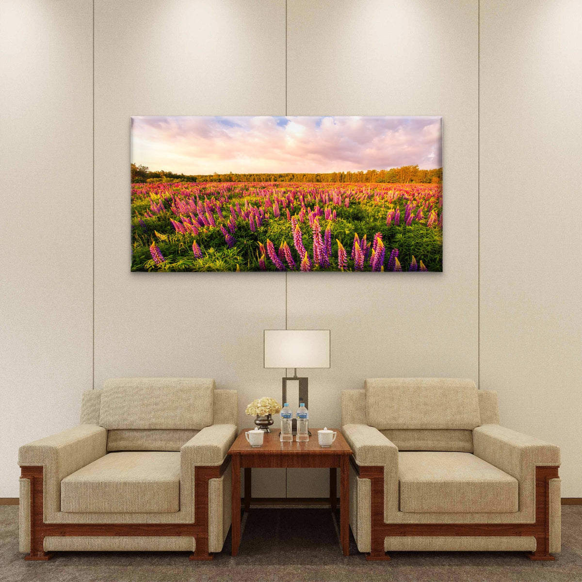 Iceland Lupine Field Sunset Wall Art Canvas Office Home Room Framed 80x45cm