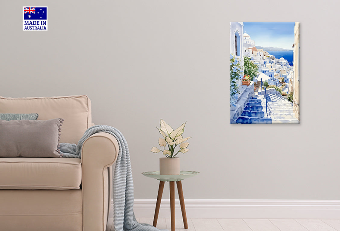 Whitewashed Buildings Ocean Scenery Print 100% Australian Made 40x60cm Stretched Canvas Ready to Hang