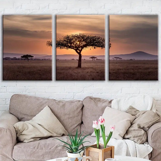 3pcs Alone Tree on Sunset Sky Neutral Paint Metal Print Ready to Hang Art