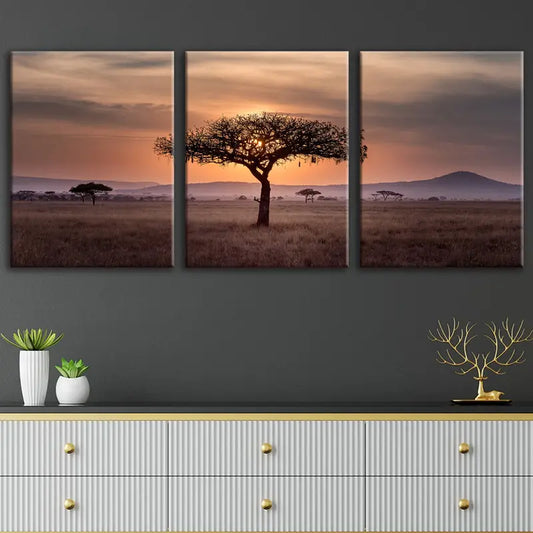 3pcs Alone Tree on Sunset Sky Neutral Paint Metal Print Ready to Hang Art