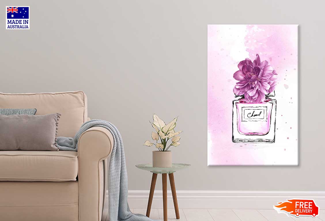 Purple Flowers & Pink Perfume Bottle Fashion Print 100% Australian Made Stretched Canvas Ready to Hang - FS - 154