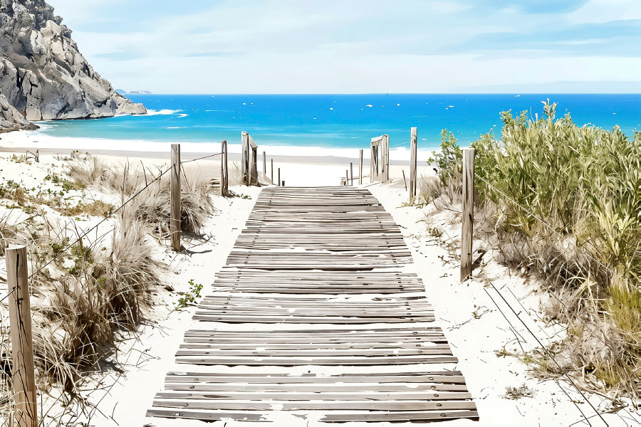 Wooden Pier Leading to the Sandy Beach Print 100% Australian Made 60x40cm Stretched Canvas Ready to Hang