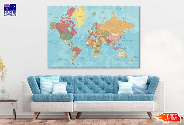 World Map Mercator Projection Print 100% Australian Made Stretched Canvas Ready to Hang - MP-111