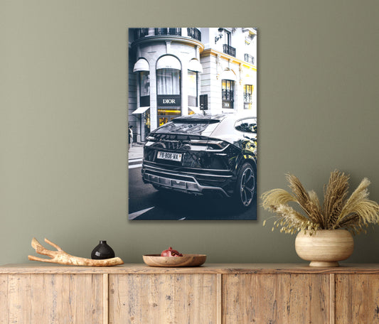 Luxury Sleek Black Car Parked on The Side of a Street Print 100% Australian Made 40x60cm Stretched Canvas Ready to Hang