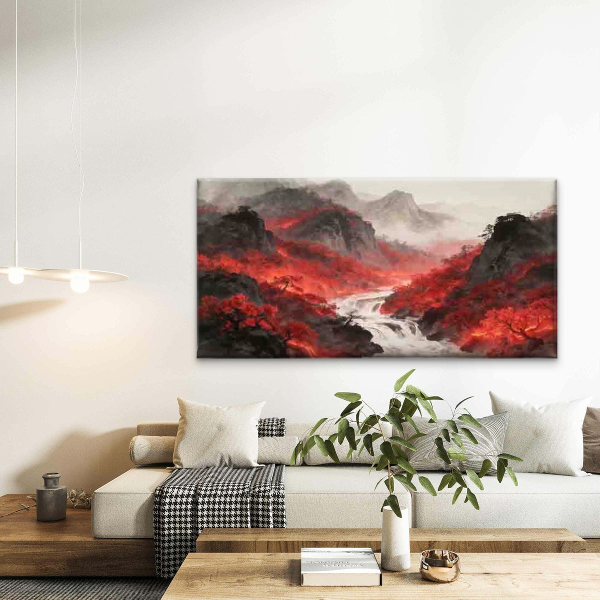 Red Forest Mountain River Scene Wall Art Canvas Office Home Room Framed 120x60cm