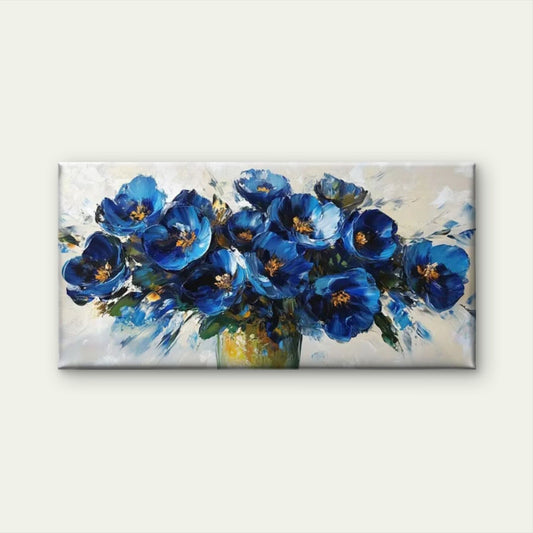 Blue Floral Abstract Art Wall Art Canvas Office Home Room Framed 80x45cm