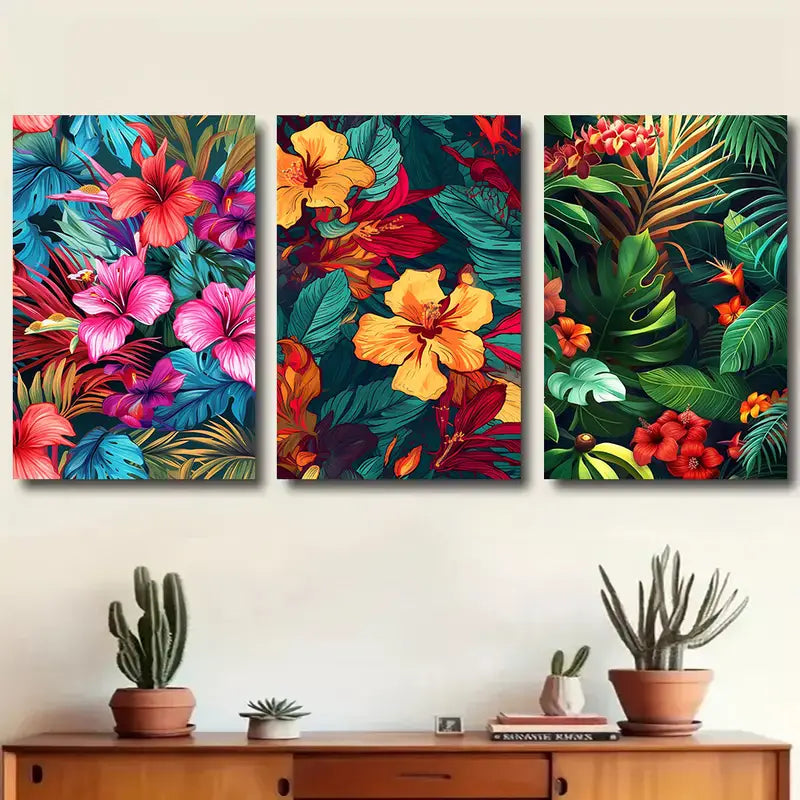 3pcs Featuring Bold Hibiscus and Exotic Leaves Design Metal Print Ready to Hang Art
