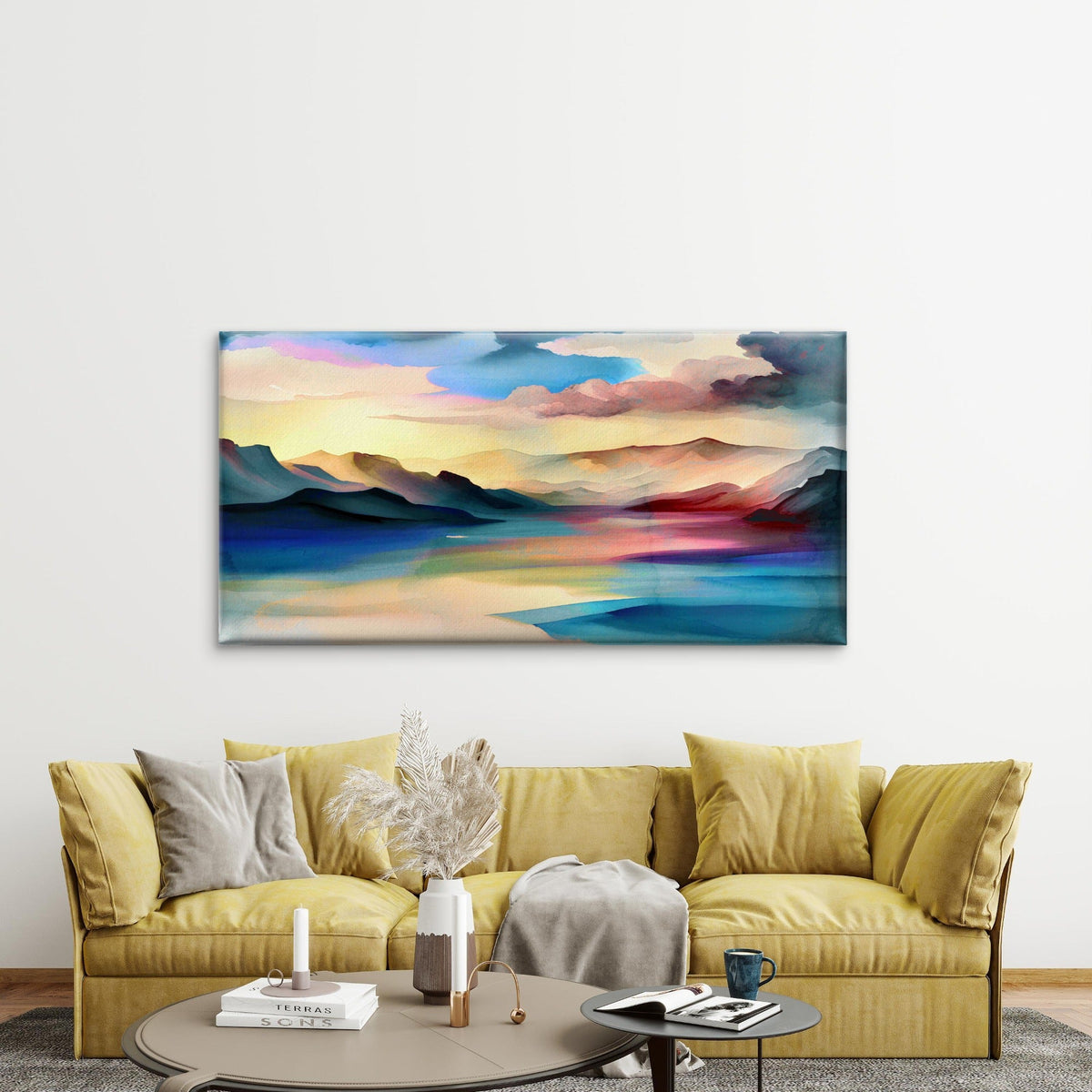 Watercolor Mountains And Lake Wall Art Canvas Office Home Room Framed 120x60cm