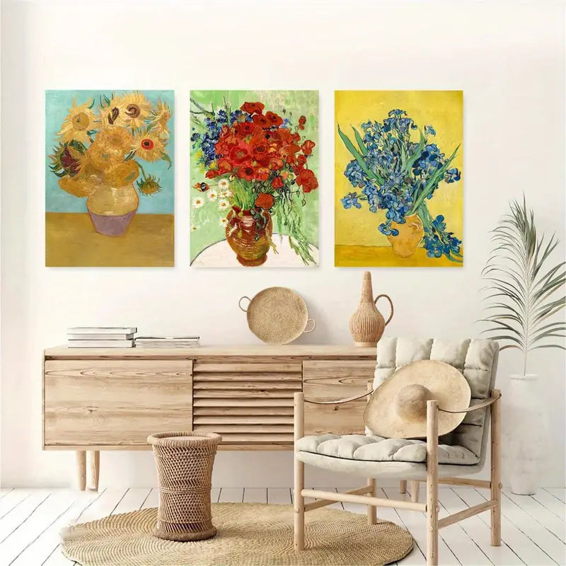 3pcs Vibrant Oil Paintings of Sunflowers, Roses & Irises, Green Metal Print Ready to Hang Art