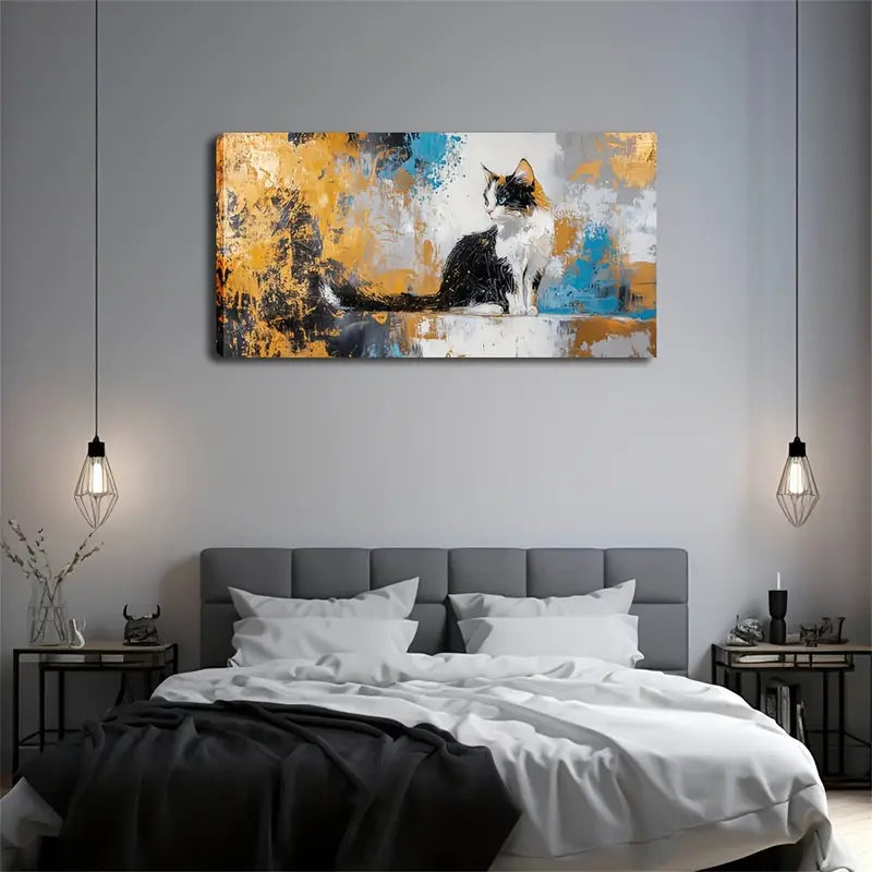 Cat Minimalist Modern Abstract Wall Art Canvas Office Home Room Framed 120x60cm