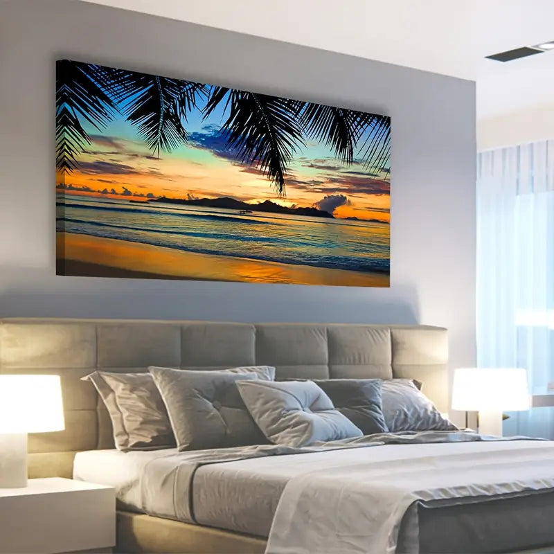 Tropical Beach Sunset Vibrant Ocean Palm Trees & Sandy Shoreline Wall Art canvas office home room framed 80x45cm