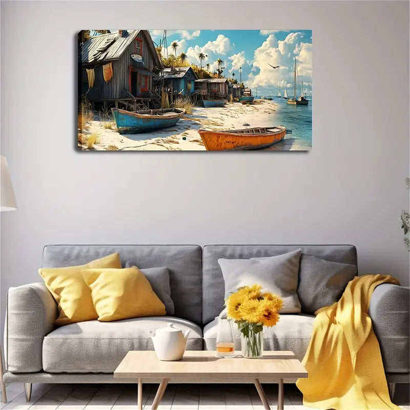 Rustic Beach House & Boat Wall Art Canvas Office Home Room Framed 120x60cm