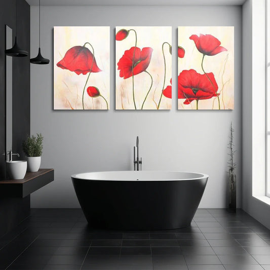 3pcs Red Poppy Modern Watercolor Elegant Painting Metal Print Ready to Hang Art